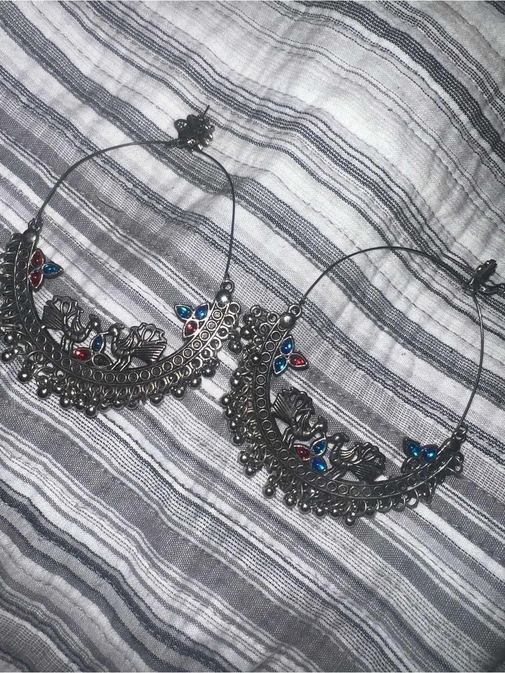Antique Silver-Tone Hoop Earrings with Blue and Red Gem Accents